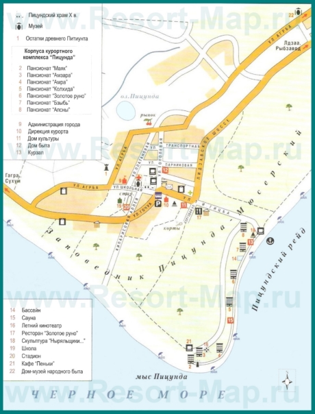 Туристическая карта Пицунды с отелями, достопримечательностями и пансионатами