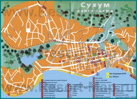 Туристическая карта Сухума с отелями и санаториями