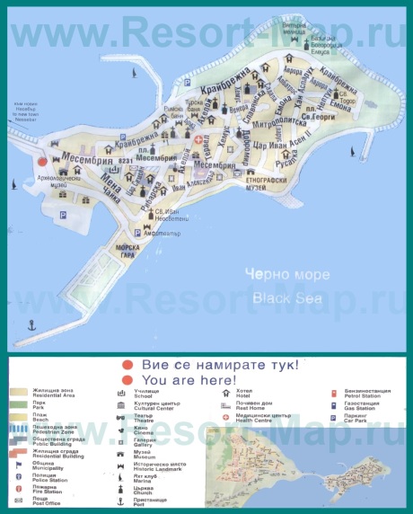 Туристическая карта города Несебр с отелями