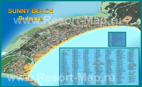 Подробная карта курорта Солнечный берег с отелями