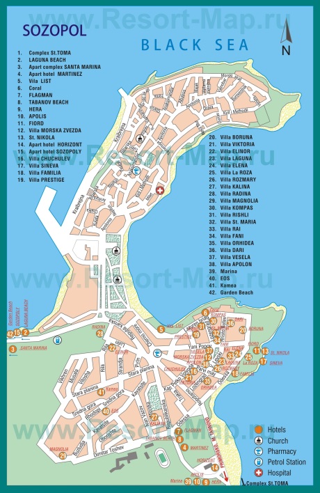 Подробная карта Созополя с отелями