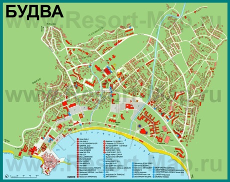 Туристическая карта Будвы с отелями