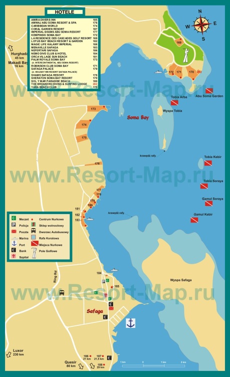 Подробная карта курорта Сафага с отелями