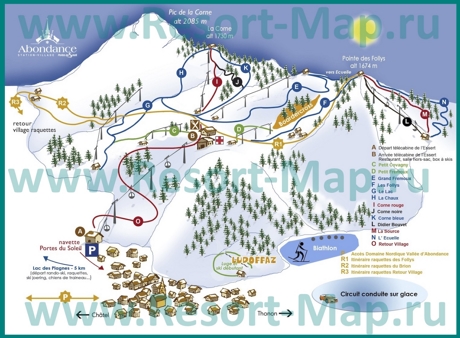 Подробная карта горнолыжного курорта Абонданс с трассами