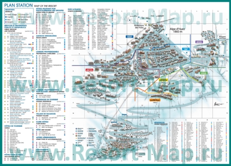 Подробная карта горнолыжного курорта Альп д`Юэз с отелями