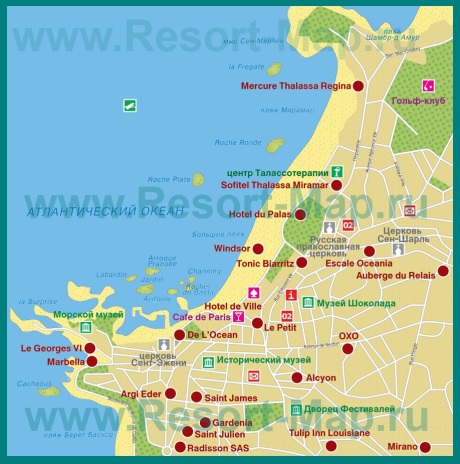 Карта Биаррица с отелями и достопримечательностями
