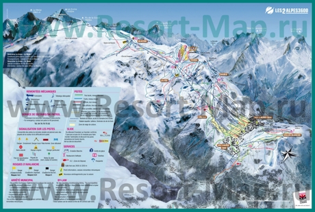 Подробная карта горнолыжного курорта Ле дез Альп с трассами
