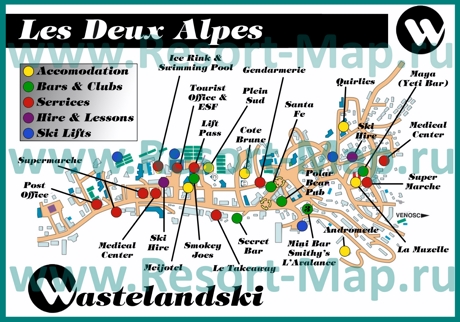 Туристическая карта Ле дез Альп с отелями и барами