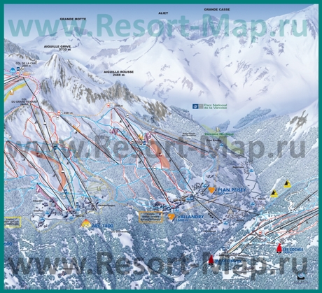 Подробная карта склонов горнолыжного курорта Пейзе-Валландри с трассами