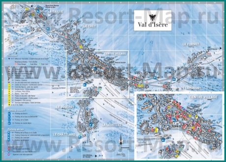 Туристическая карта горнолыжного курорта Валь-д'Изер с отелями и шале