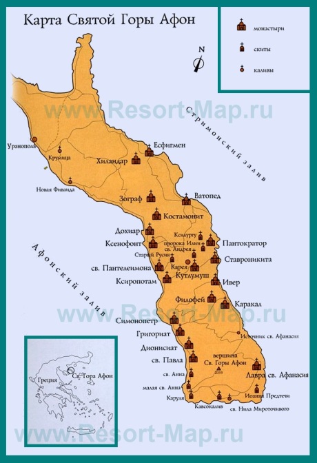 Карта горы Афон на русском языке с монастырями