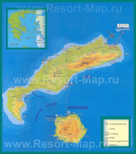 Карта острова Кос с отелями и достопримечательностями