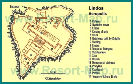 Карта акрополя города Линдос с достопримечательностями