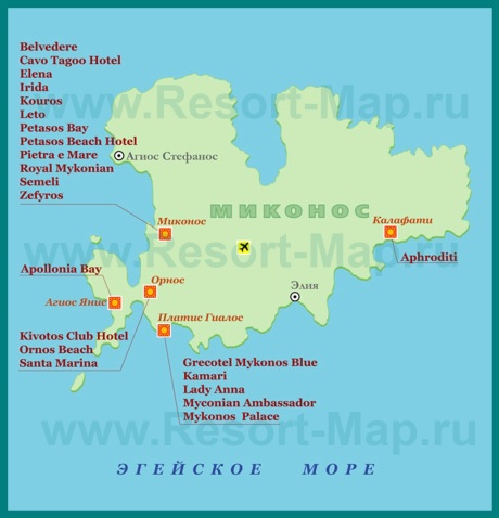 Карта отелей Миконоса