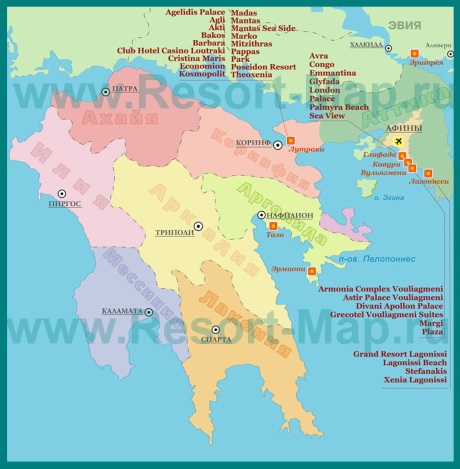 Туристическая карта Пелопоннеса с отелями