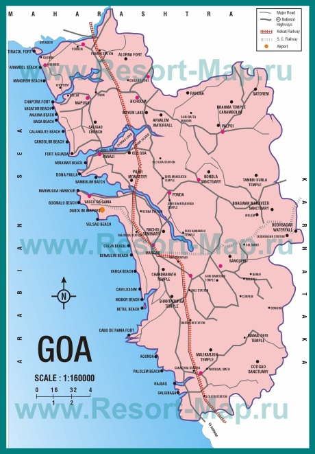 Подробная карта Гоа с пляжами