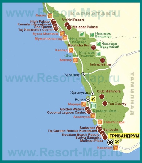 Карта отелей и курортов Кералы
