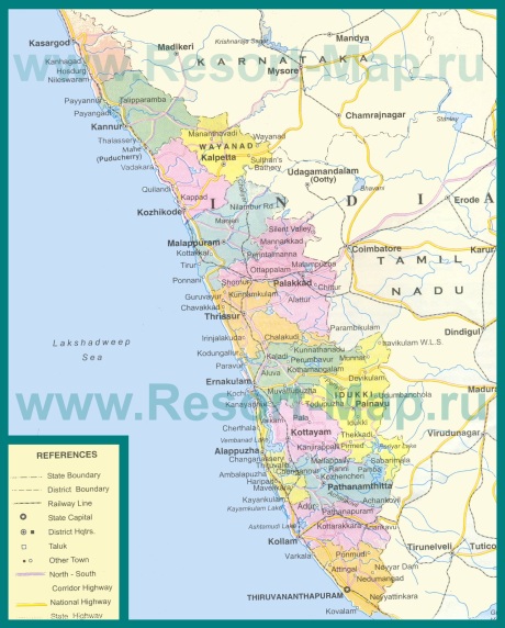 Подробная карта штата Керала