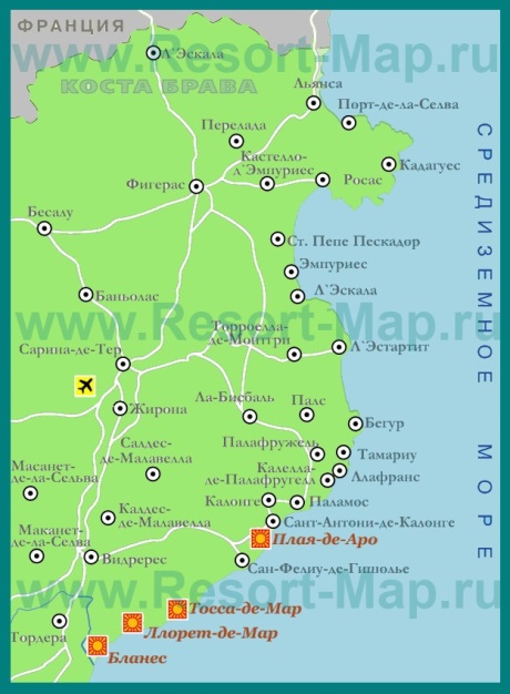 Карта Коста-Брава с курортами на русском языке
