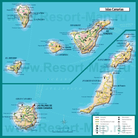 Туристическая карта Канарских островов с достопримечательностями