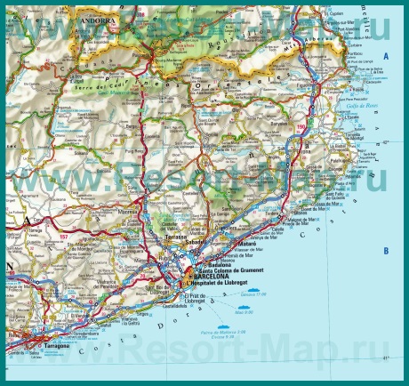 Карта побережья Каталонии с городами