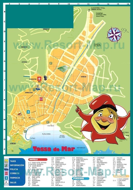 Туристическая карта Тосса-де-Мар с отелями