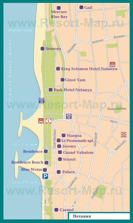 Карта отелей Нетании на русском языке