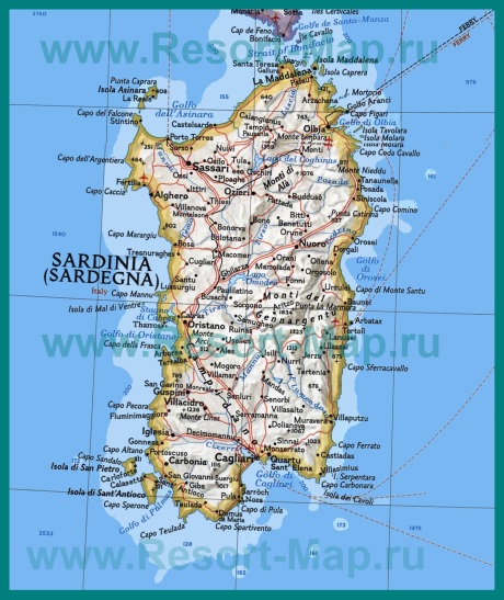 Карта острова Сардиния с курортами