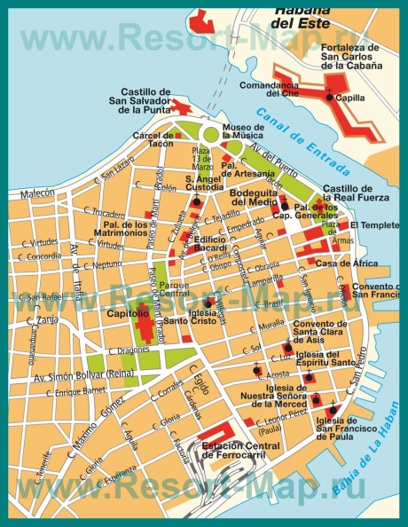 Карта центра города Гавана с достопримечательностями