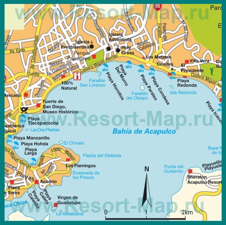 Карта города Акапулько с достопримечательностями