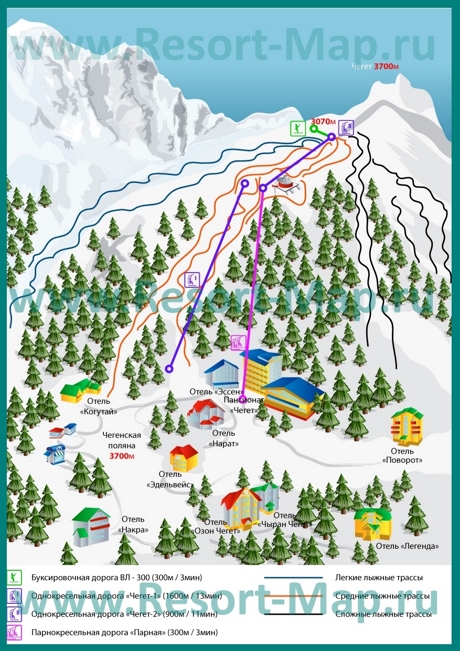 Карта горнолыжного курорта Чегет с трассами и отелями