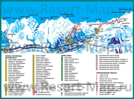 Подробная туристическая карта Чегета с гостиницами