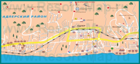 Карта побережья Адлера с достопримечательностями