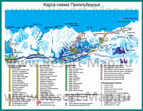 Туристическая карта горнолыжного курорта Приэльбрусье с трассами, отелями и гостиницами