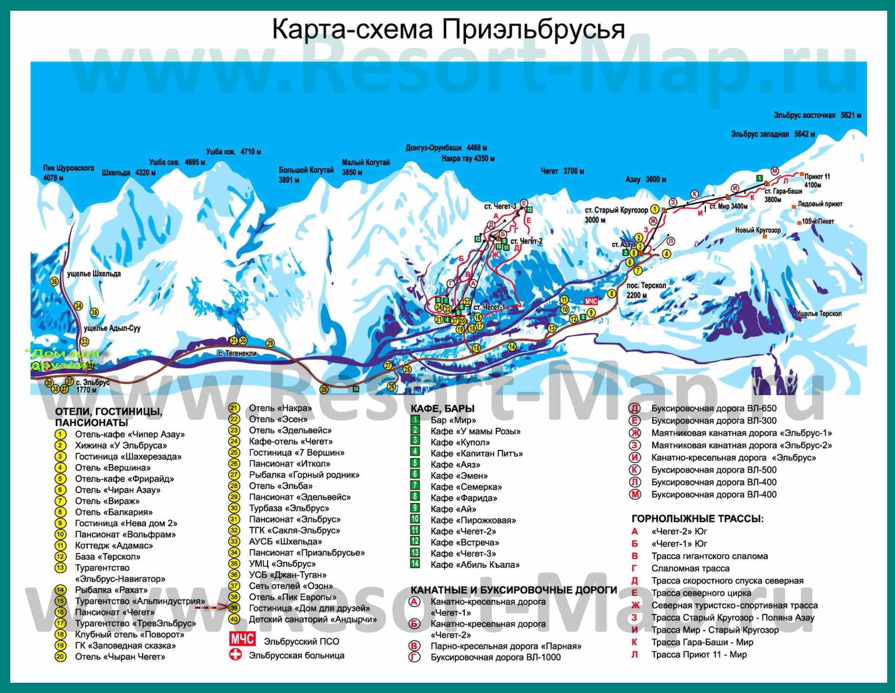 Туристическая карта горнолыжного курорта Приэльбрусье с трассами, отелями игостиницами