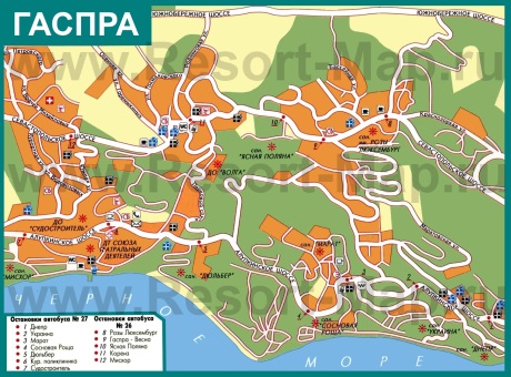 Подробная карта города Гаспра с улицами