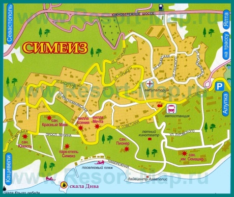 Туристическая карта Симеиза с санаториями