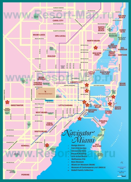 Карта Майами с достопримечатеьностями